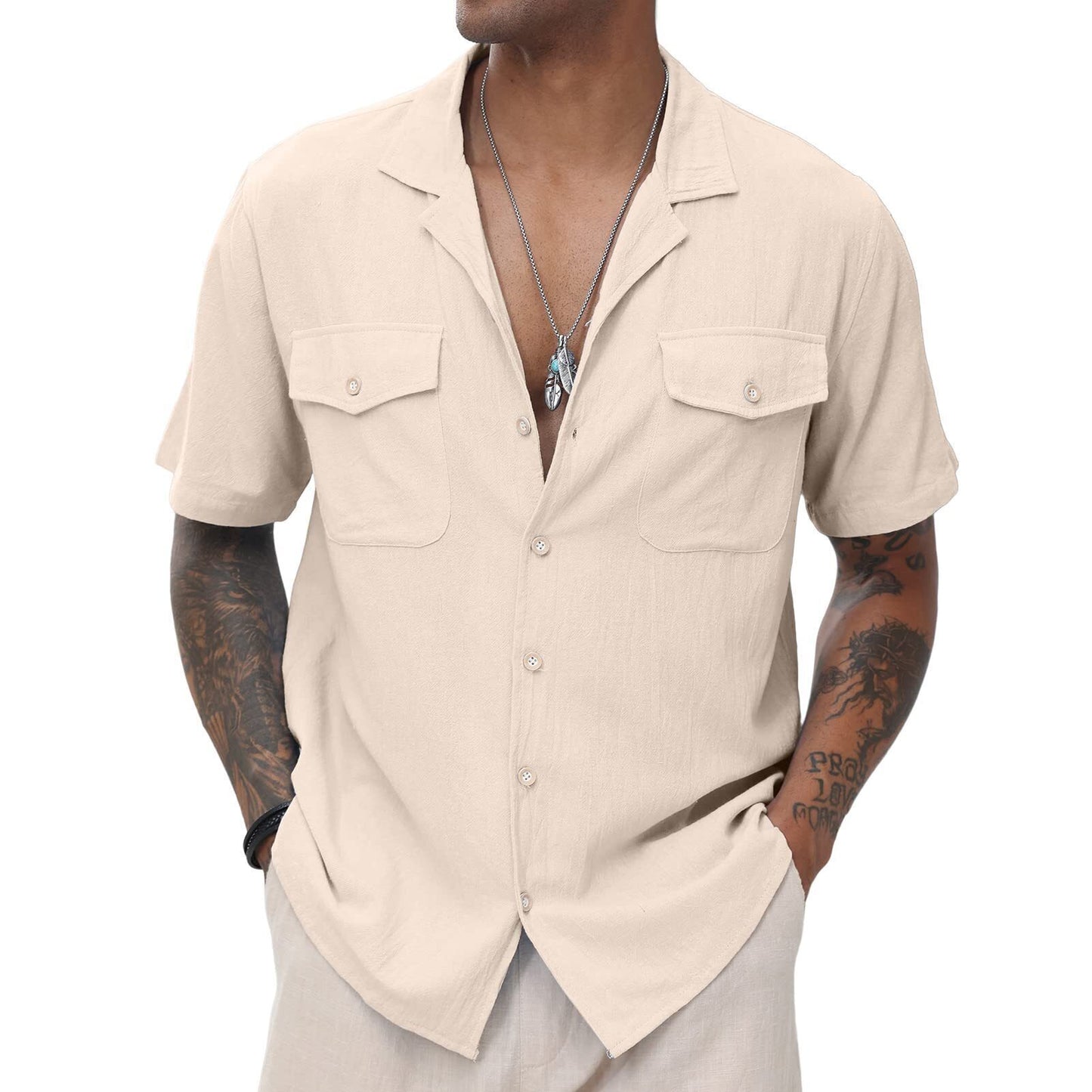 Men's Cuban Linen Shirts Casual Short Sleeve Button Down Shirts Summer Beach Top with Pocket