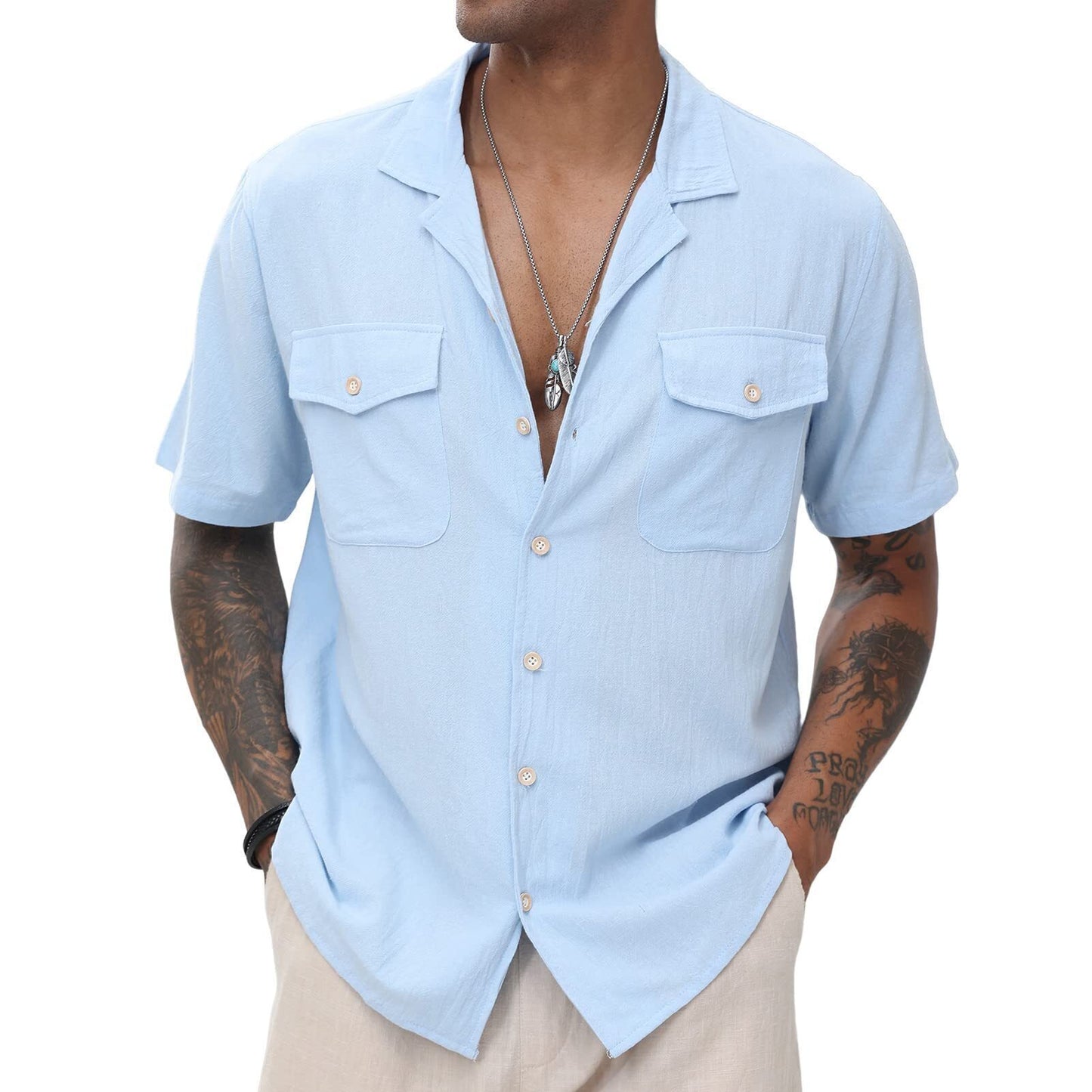 Men's Cuban Linen Shirts Casual Short Sleeve Button Down Shirts Summer Beach Top with Pocket