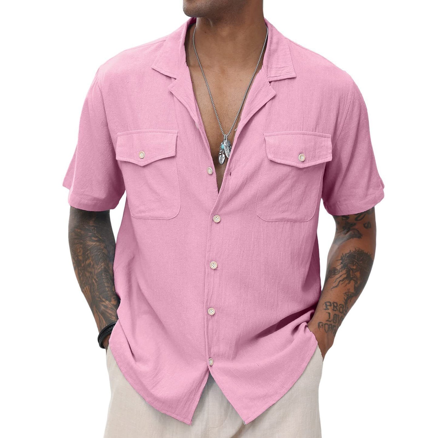 Men's Cuban Linen Shirts Casual Short Sleeve Button Down Shirts Summer Beach Top with Pocket