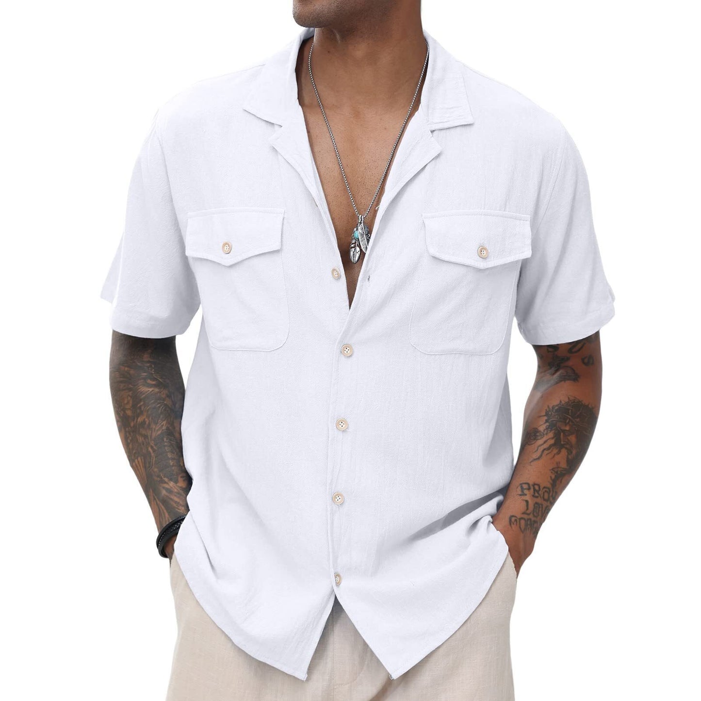 Men's Cuban Linen Shirts Casual Short Sleeve Button Down Shirts Summer Beach Top with Pocket
