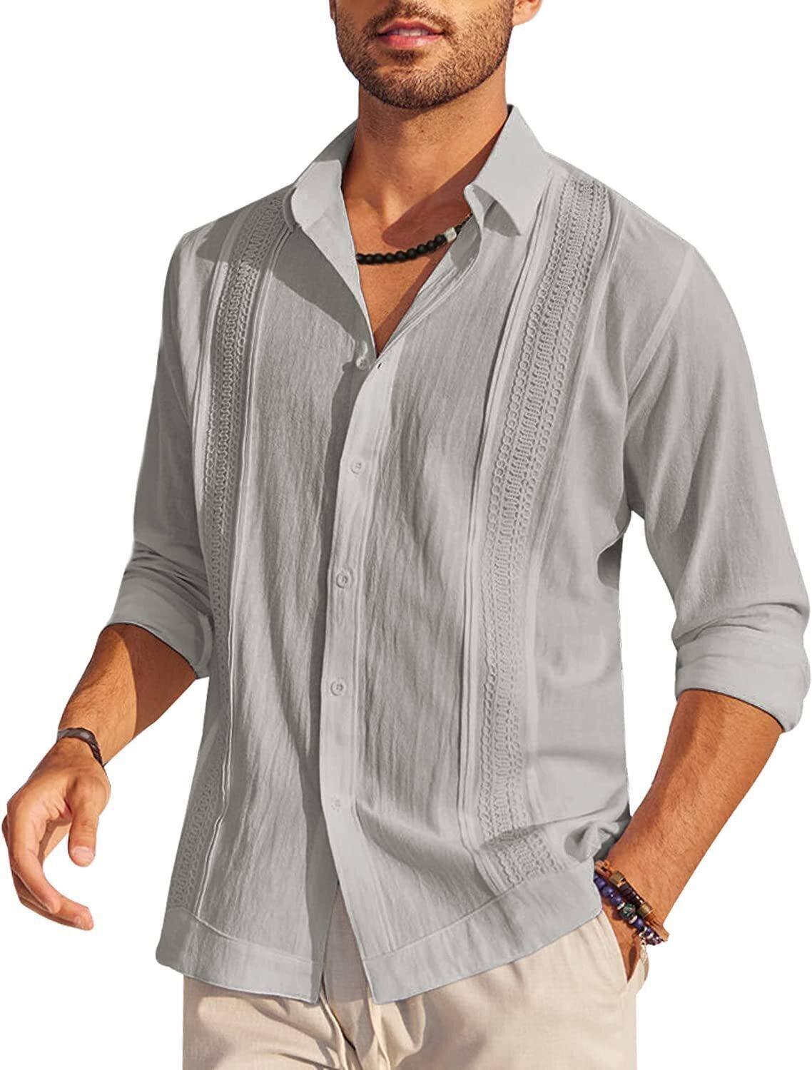 7-Pack Men's Cuban Shirts Long Sleeve Casual Button Down Shirt Cotton Beach Tops💖Buy two packs for free shipping💖