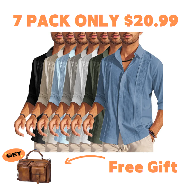 7-Pack Men's Cuban Shirts Long Sleeve Casual Button Down Shirt Cotton Beach Tops💖Buy two packs for free shipping💖