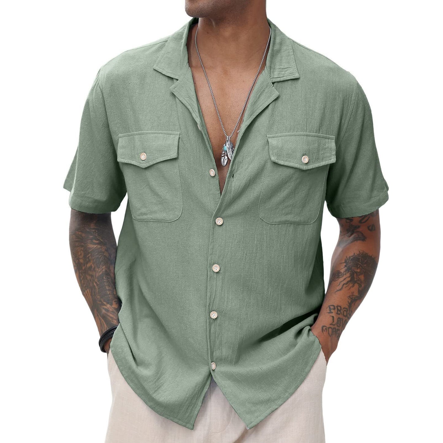 Men's Cuban Linen Shirts Casual Short Sleeve Button Down Shirts Summer Beach Top with Pocket