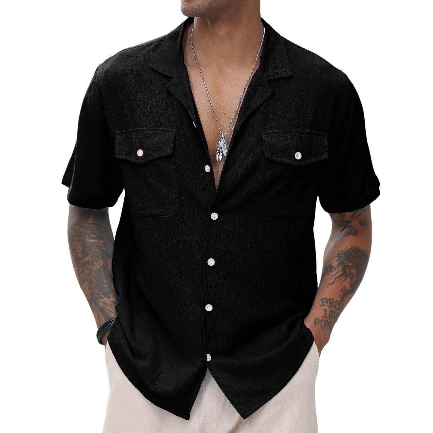 Men's Cuban Linen Shirts Casual Short Sleeve Button Down Shirts Summer Beach Top with Pocket