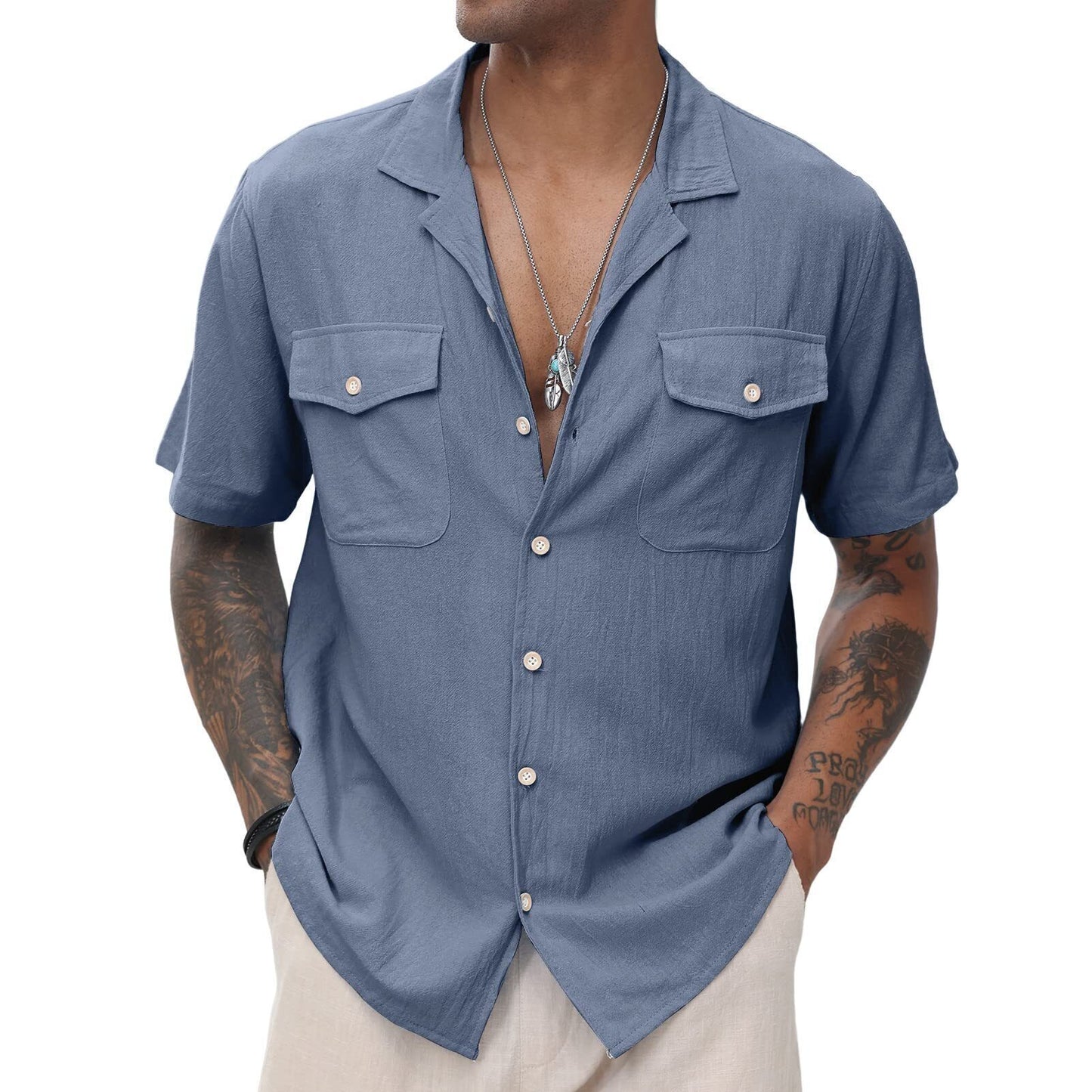 Men's Cuban Linen Shirts Casual Short Sleeve Button Down Shirts Summer Beach Top with Pocket