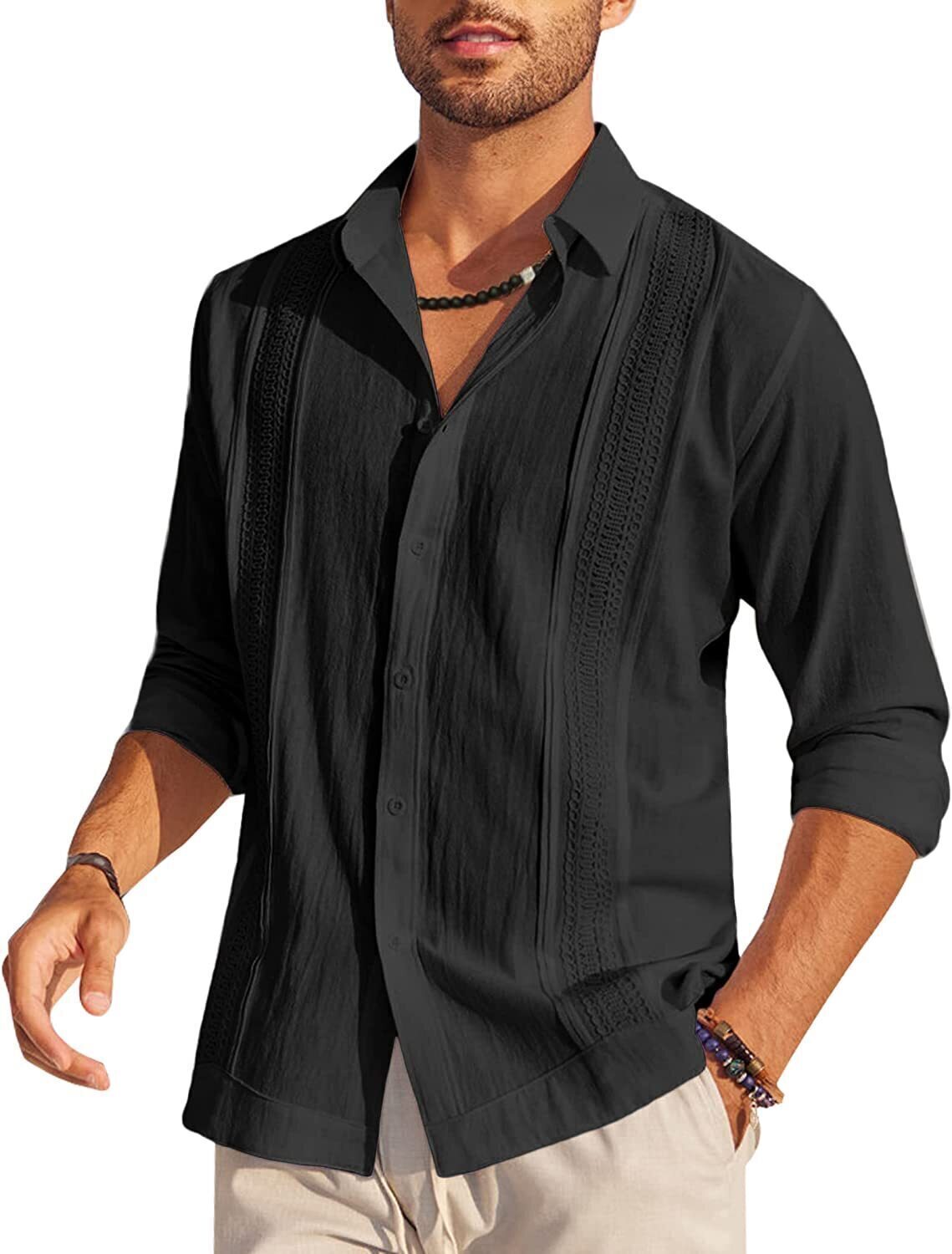 7-Pack Men's Cuban Shirts Long Sleeve Casual Button Down Shirt Cotton Beach Tops💖Buy two packs for free shipping💖