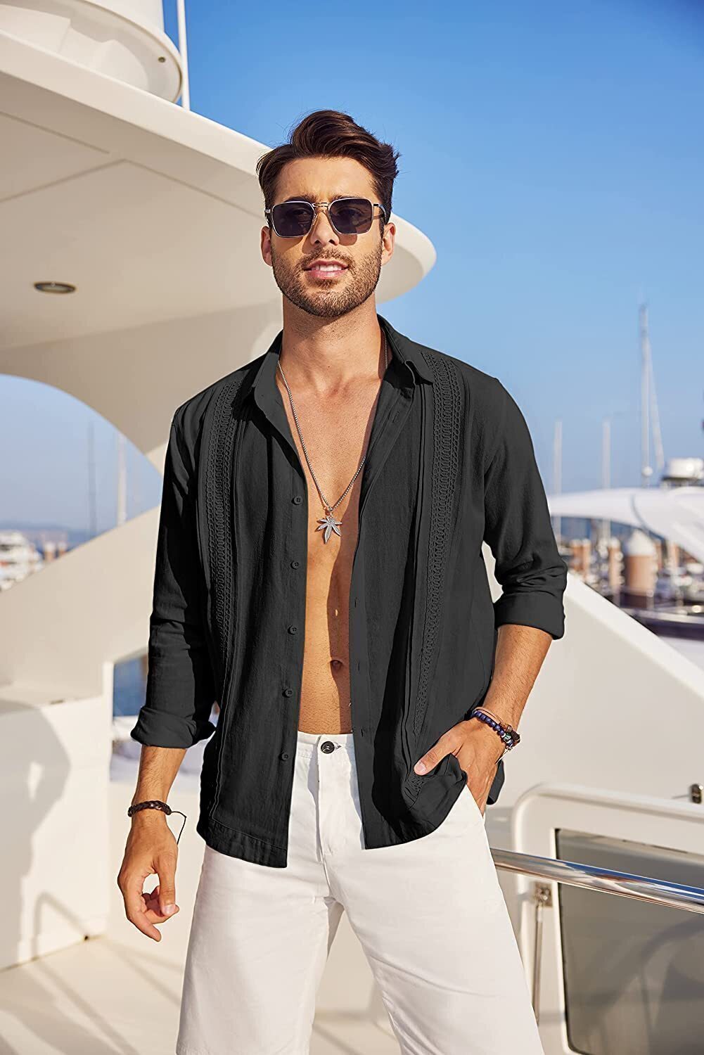 7-Pack Men's Cuban Shirts Long Sleeve Casual Button Down Shirt Cotton Beach Tops💖Buy two packs for free shipping💖