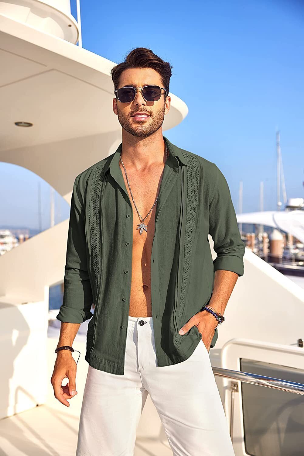 7-Pack Men's Cuban Shirts Long Sleeve Casual Button Down Shirt Cotton Beach Tops💖Buy two packs for free shipping💖