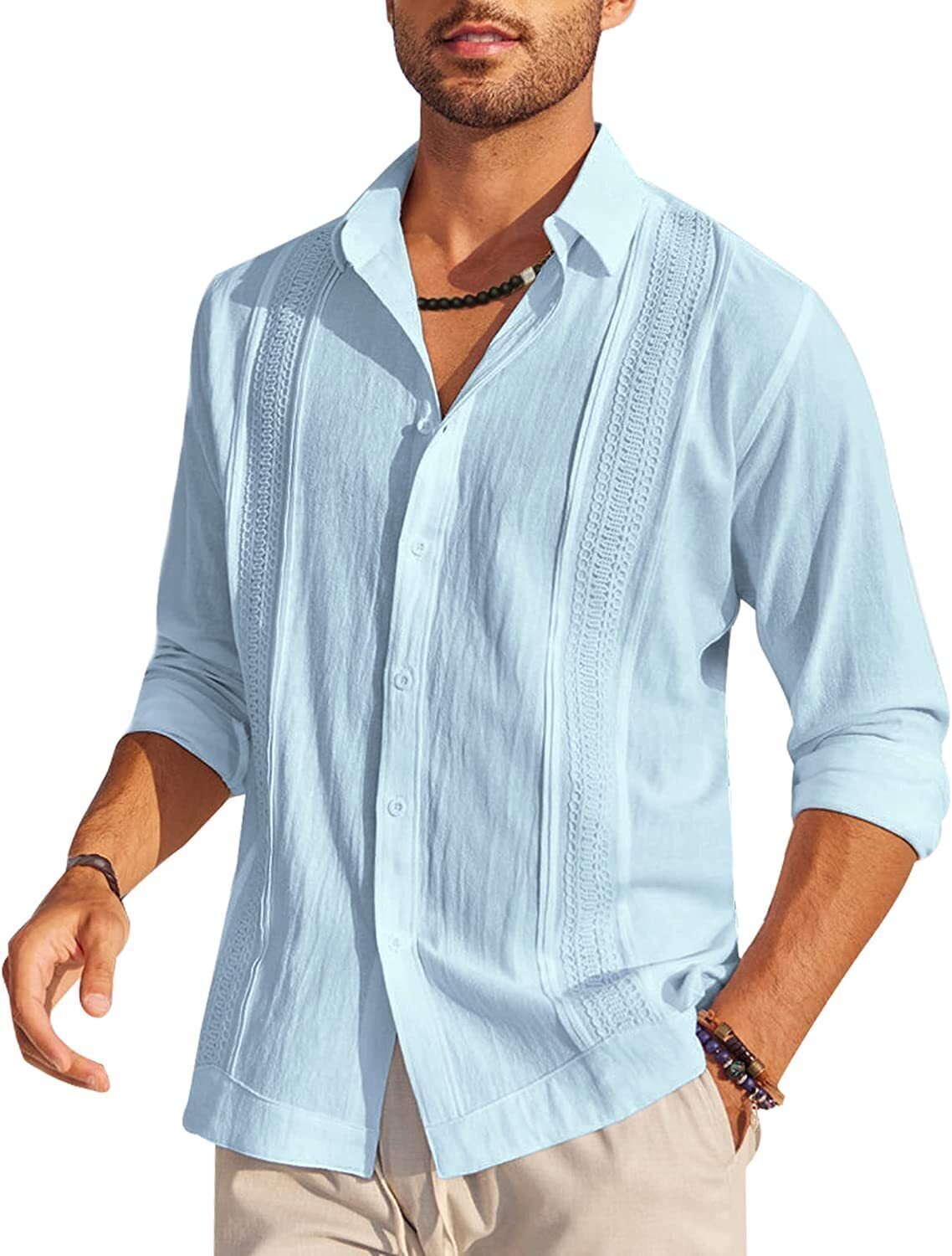 7-Pack Men's Cuban Shirts Long Sleeve Casual Button Down Shirt Cotton Beach Tops💖Buy two packs for free shipping💖
