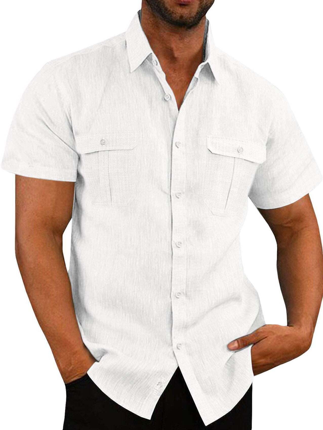 7-Pack Men's Shirts Double Pocket Cotton Linen Short Sleeve Shirts Casual Vacation Shirts💖Buy two packs for free shipping💖