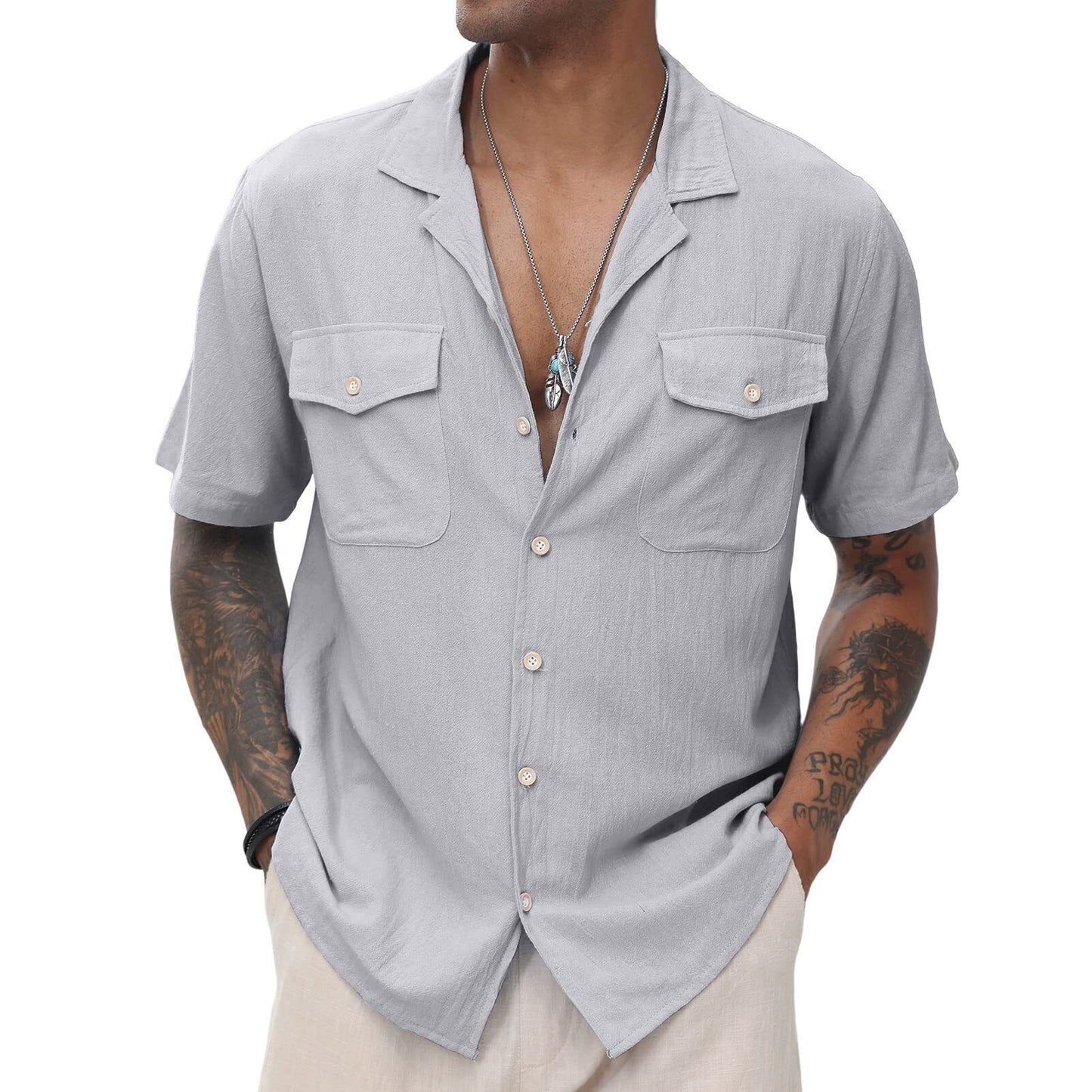 Men's Cuban  Linen Shirts Casual Short Sleeve Button Down Shirts Summer Beach Top with Pocket