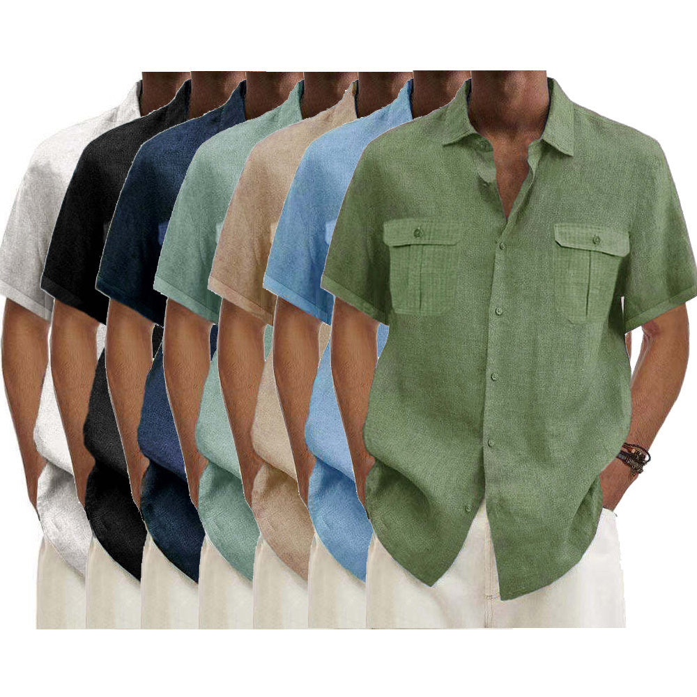7-Pack Men's Shirts Double Pocket Cotton Linen Short Sleeve Shirts Casual Vacation Shirts💖Buy two packs for free shipping💖