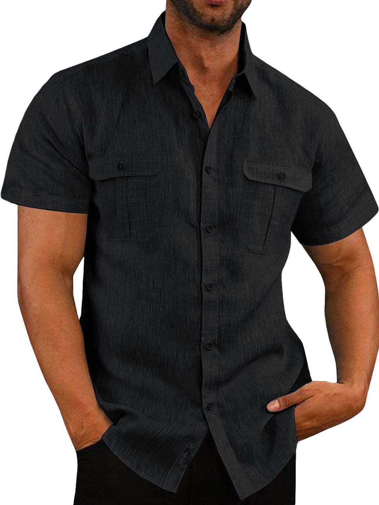 7-Pack Men's Shirts Double Pocket Cotton Linen Short Sleeve Shirts Casual Vacation Shirts💖Buy two packs for free shipping💖