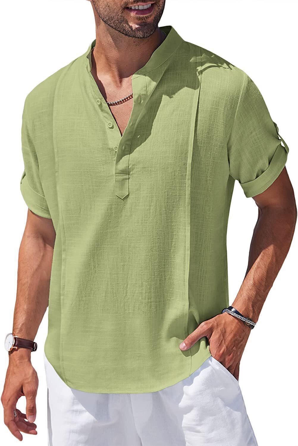 8-Pack Men's Linen Henley Shirt Casual Beach Hippie Shirts Short Sleeve T Shirts💖Buy two packs for free shipping💖