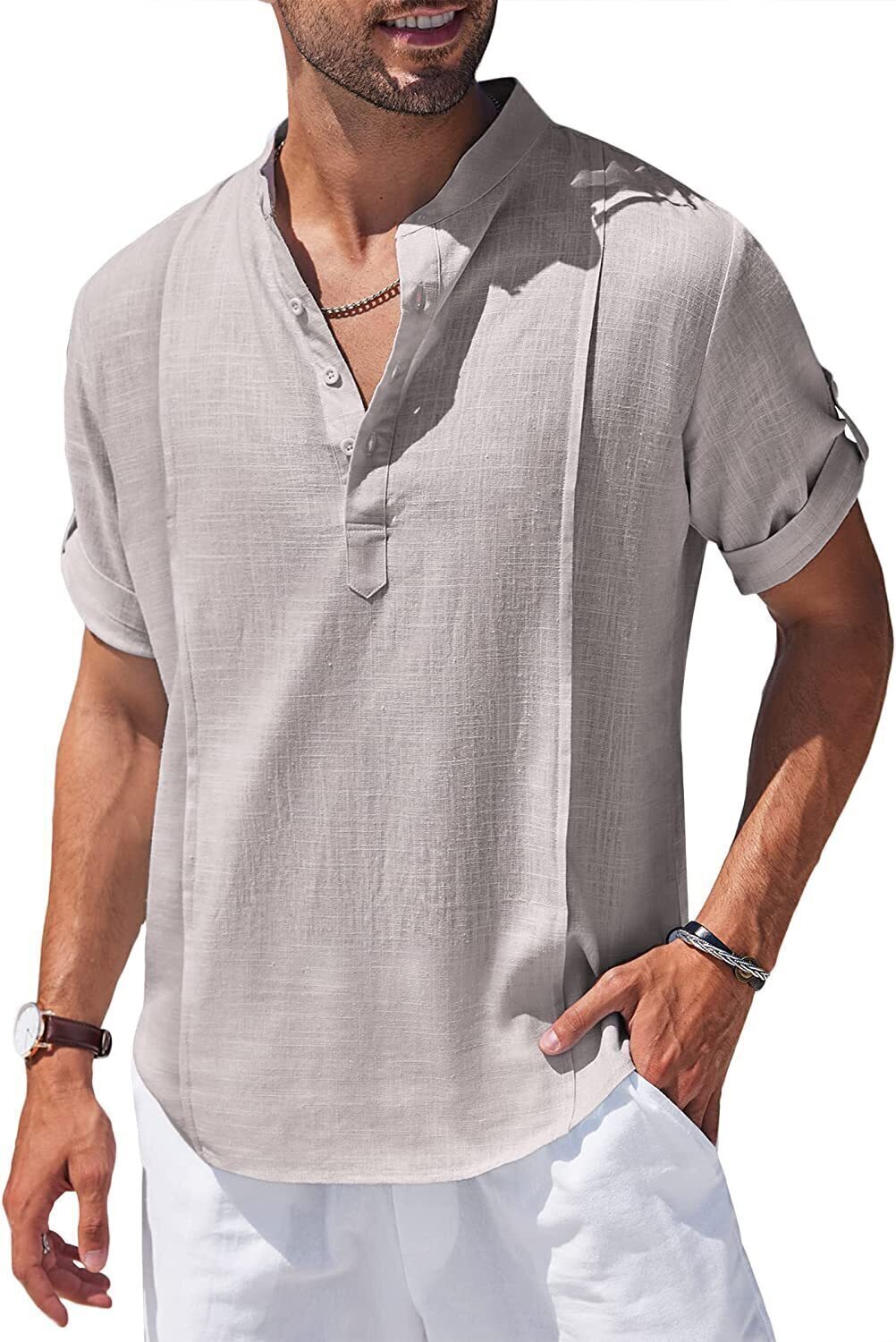 8-Pack Men's Linen Henley Shirt Casual Beach Hippie Shirts Short Sleeve T Shirts💖Buy two packs for free shipping💖