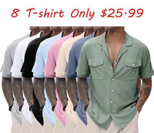 Men's Cuban  Linen Shirts Casual Short Sleeve Button Down Shirts Summer Beach Top with Pocket
