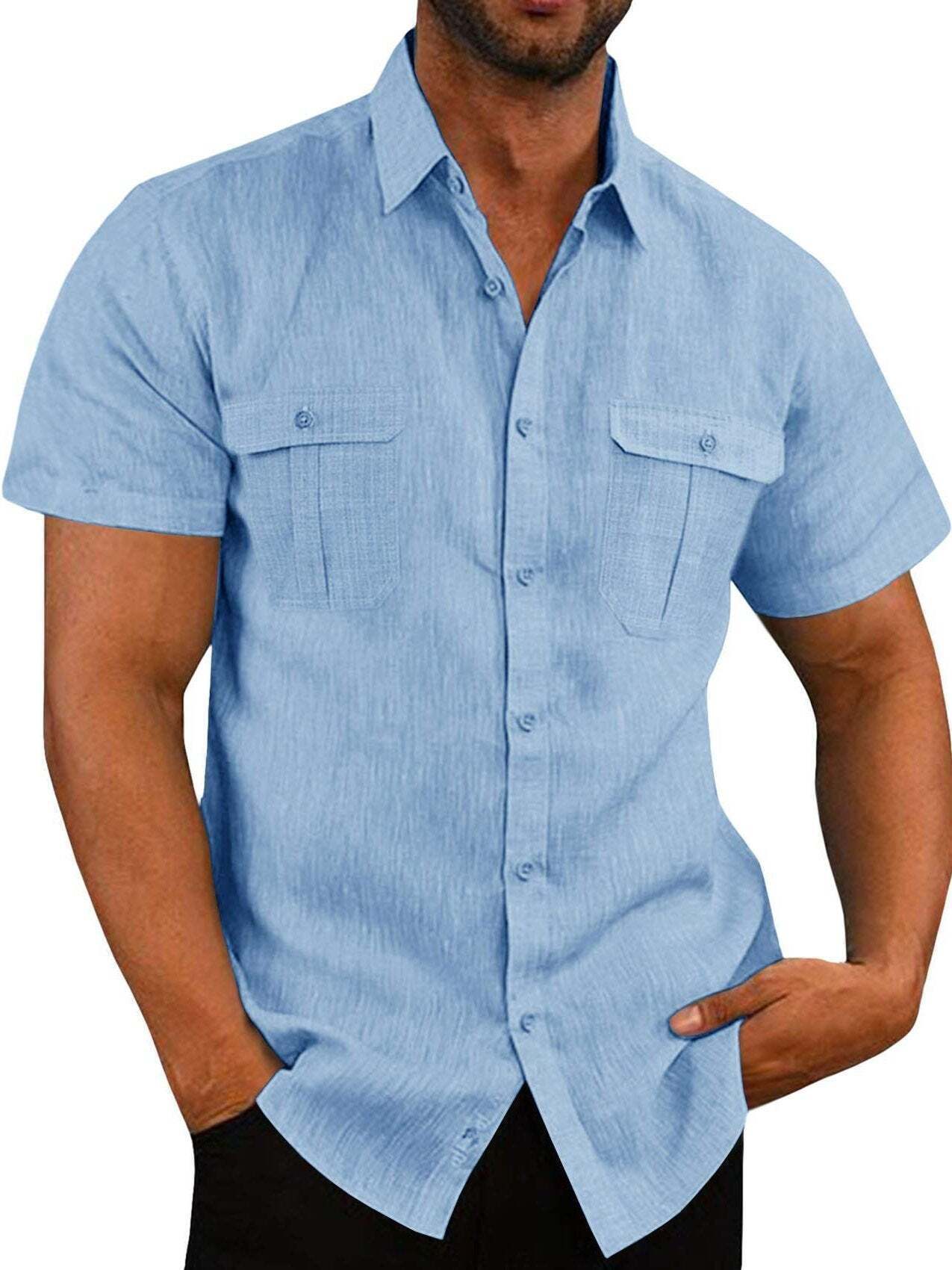 7-Pack Men's Shirts Double Pocket Cotton Linen Short Sleeve Shirts Casual Vacation Shirts💖Buy two packs for free shipping💖