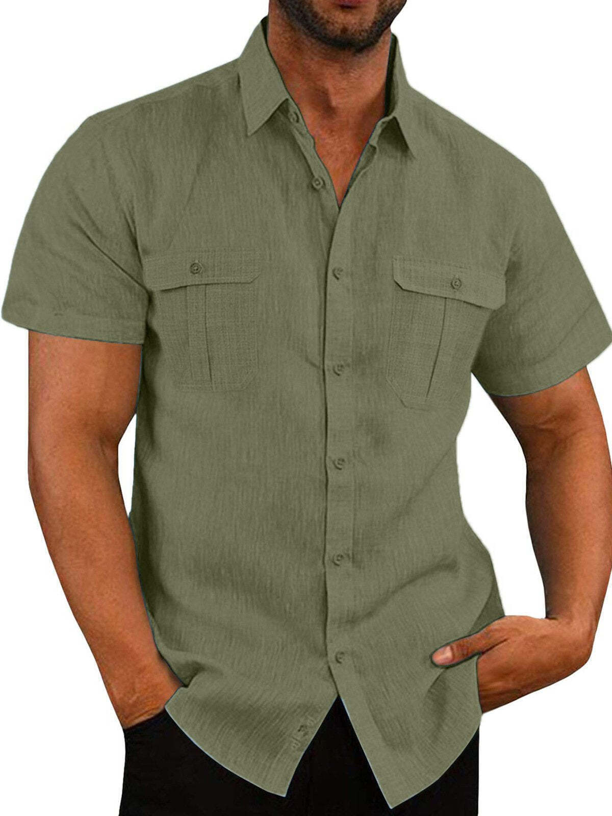 7-Pack Men's Shirts Double Pocket Cotton Linen Short Sleeve Shirts Casual Vacation Shirts💖Buy two packs for free shipping💖