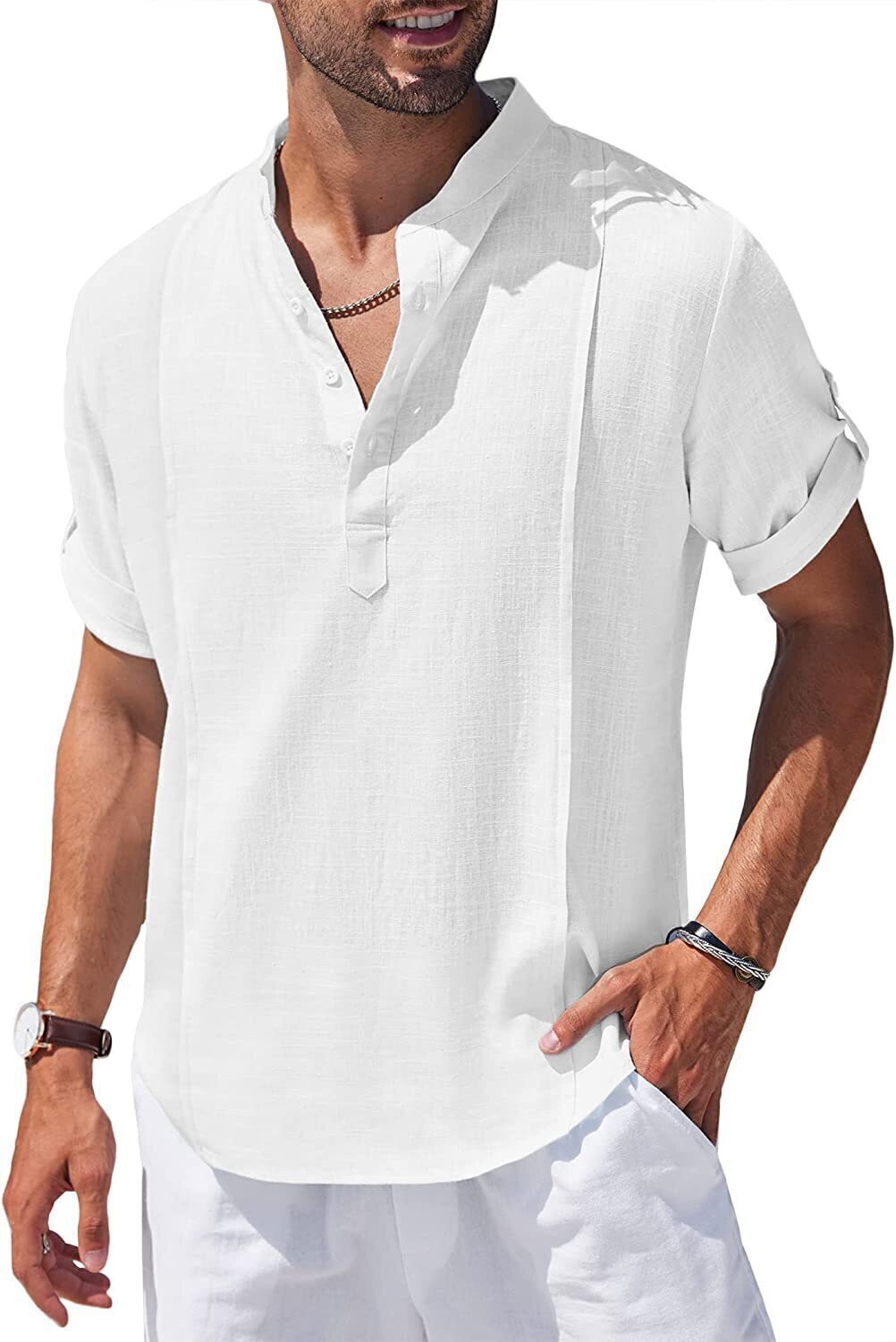 8-Pack Men's Linen Henley Shirt Casual Beach Hippie Shirts Short Sleeve T Shirts💖Buy two packs for free shipping💖
