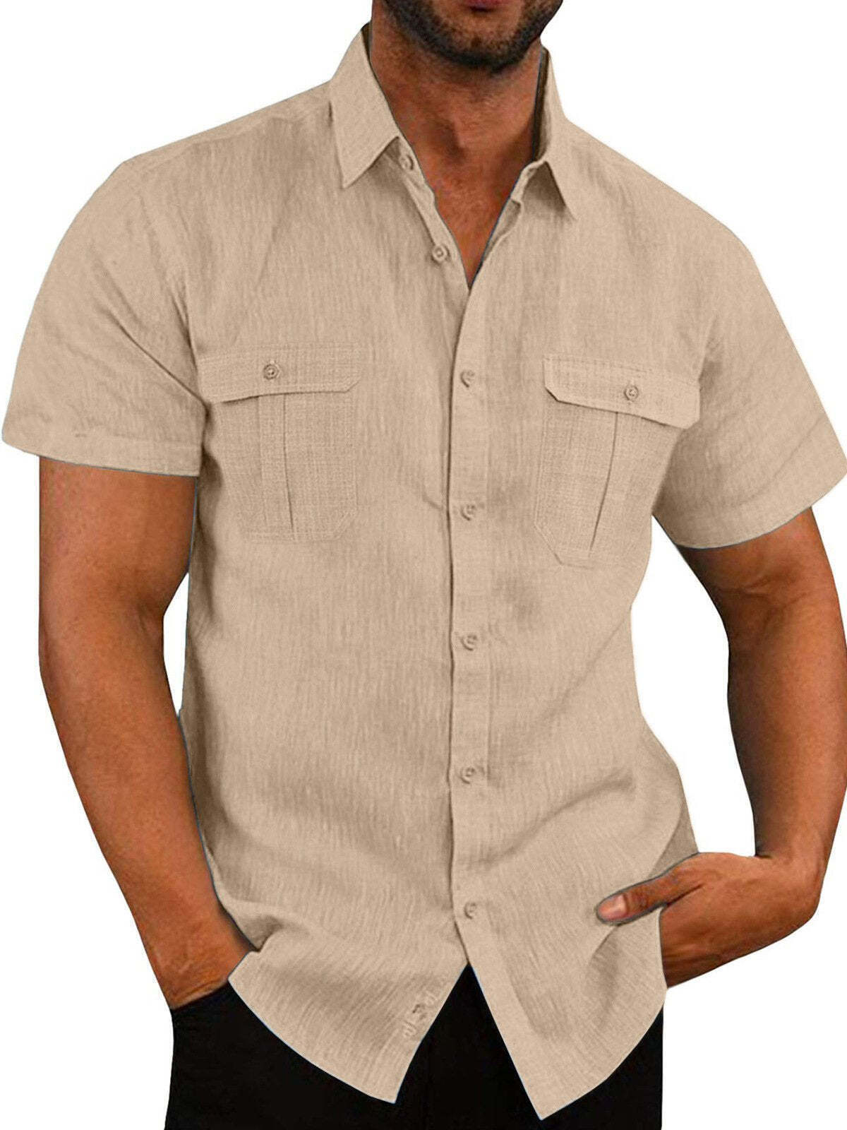 7-Pack Men's Shirts Double Pocket Cotton Linen Short Sleeve Shirts Casual Vacation Shirts💖Buy two packs for free shipping💖