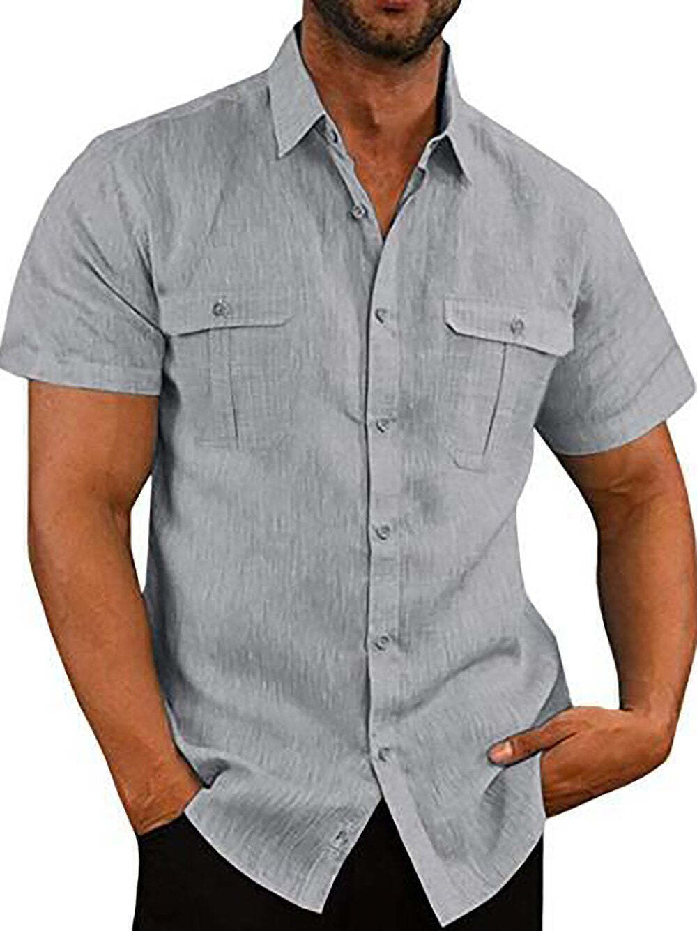 7-Pack Men's Shirts Double Pocket Cotton Linen Short Sleeve Shirts Casual Vacation Shirts💖Buy two packs for free shipping💖