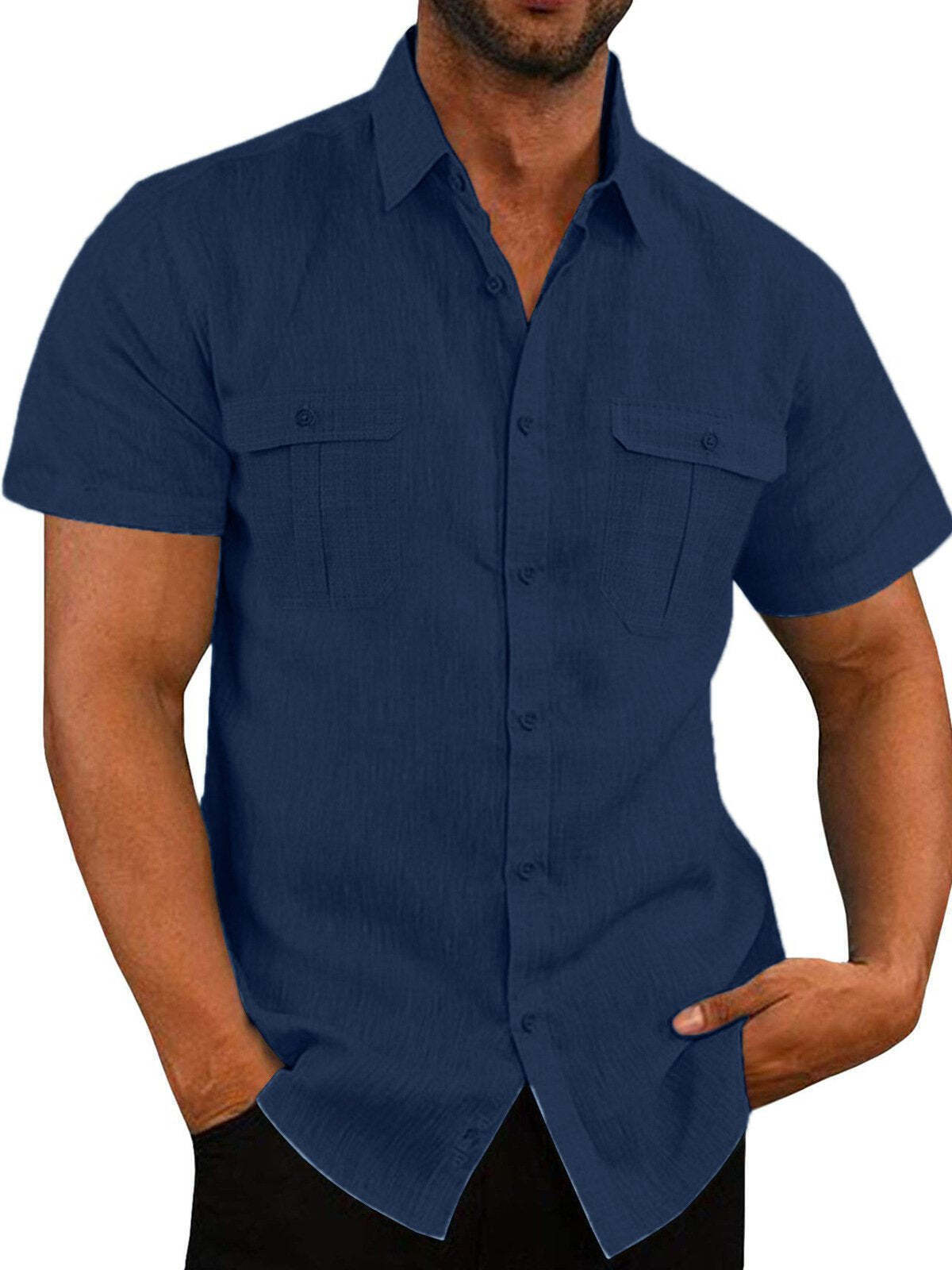 7-Pack Men's Shirts Double Pocket Cotton Linen Short Sleeve Shirts Casual Vacation Shirts💖Buy two packs for free shipping💖